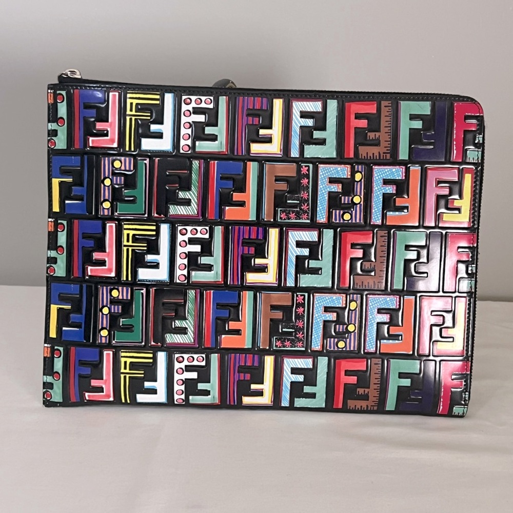 FENDI: Fendi Multicolore Zucca Print FF Flat Clutch Leather